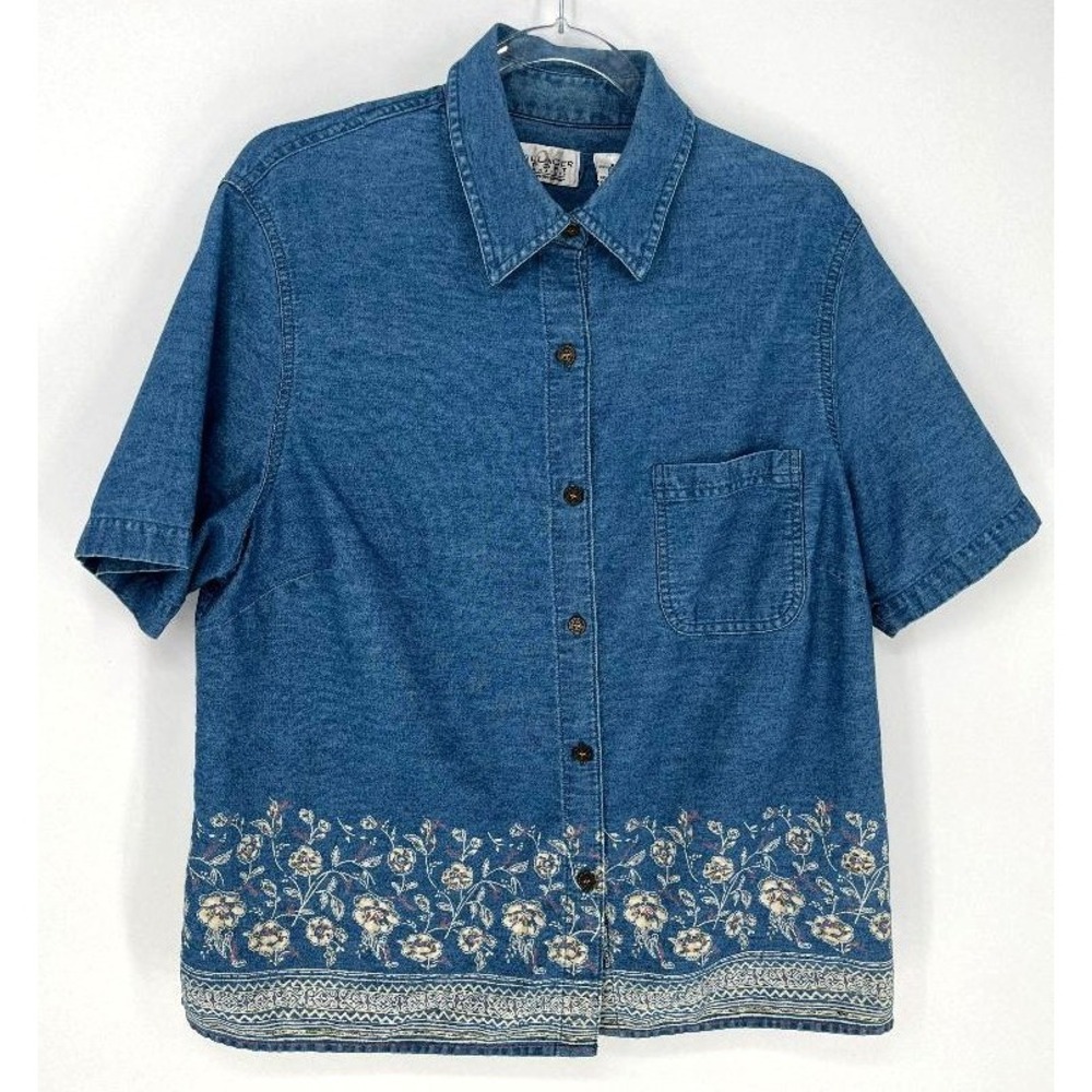 Villager Sport Button Front Shirt Women L Blue Floral Border Coastal Grandma